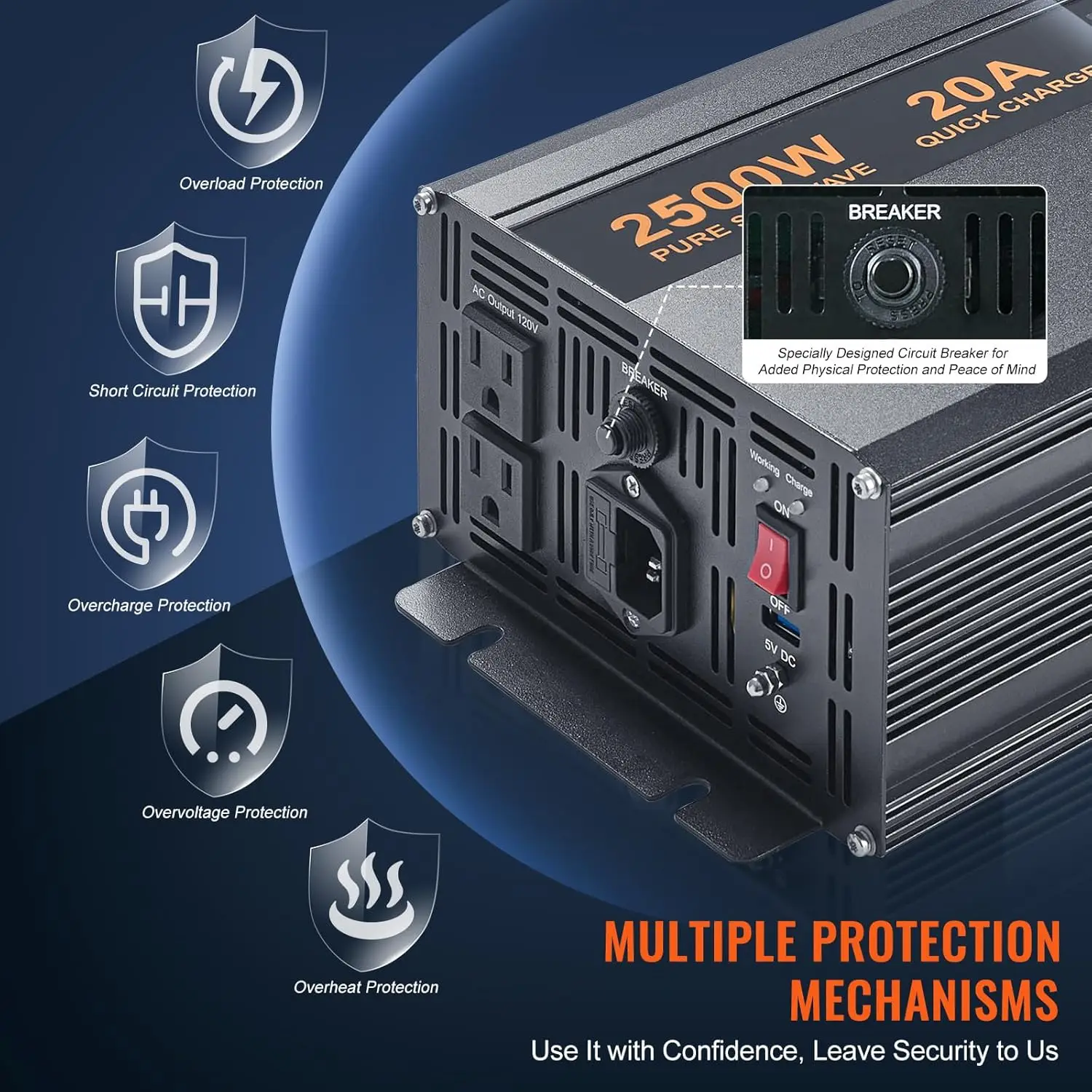 2500W Sump Pump Battery Backup System, LCD Display, Auto Switches to Battery Inverter Power for Continuous Sump Pump Operation