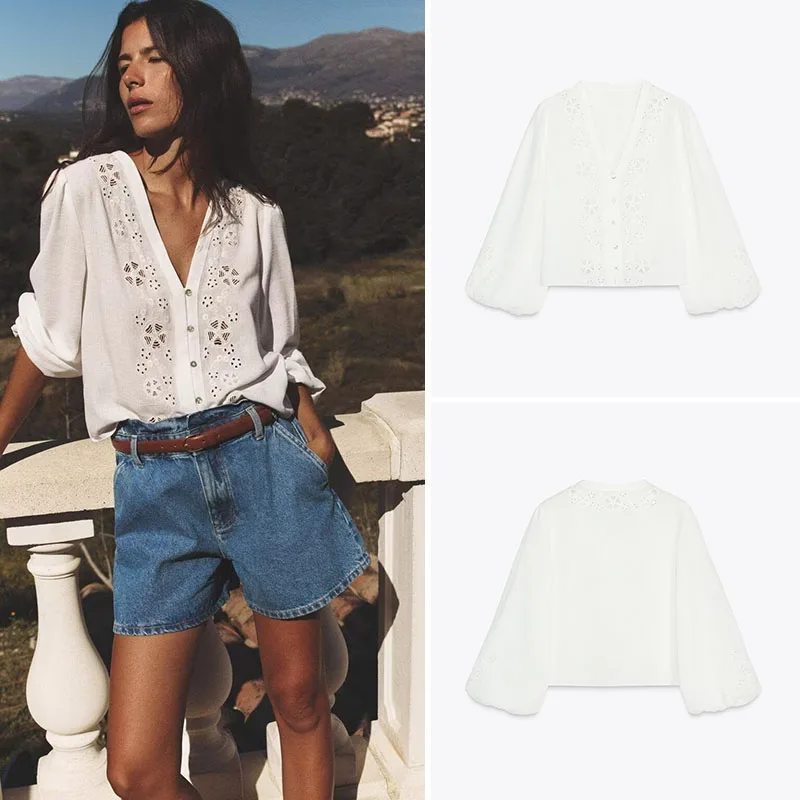 

Spring New Arrival Women's Faion V-Ne Long Sve irt Embroidery Street Sle Regular Length Pure Color Other Material ...