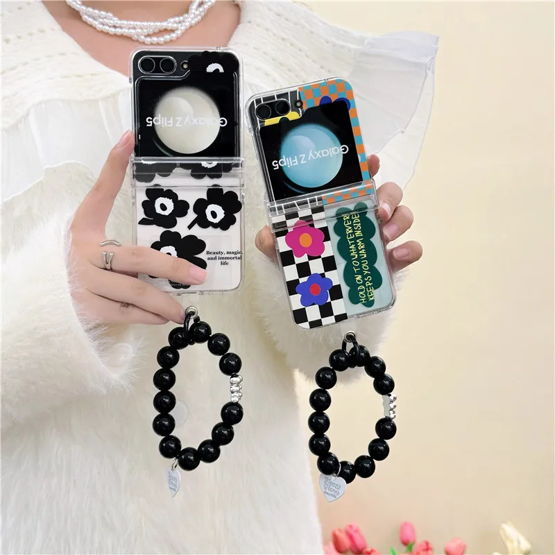 Ins Flower Phone Case For Samsung Galaxy Z Flip 4 3 5 Fashion Bracelet Hard Plastic Back Cover Case For Samsung Z Flip5 ZFlip5