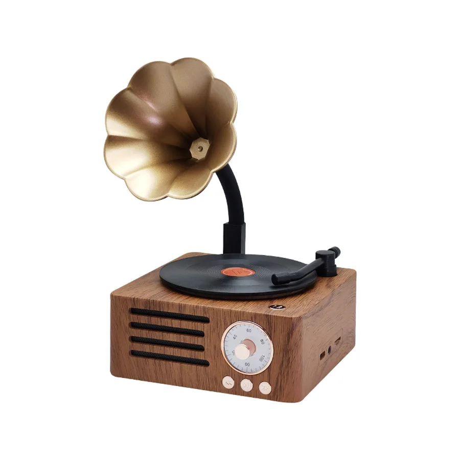Gramophone Bluetooth Speaker - Wood Grain Mini Speaker with Rotating Record Design - Decorative Gift Audio System