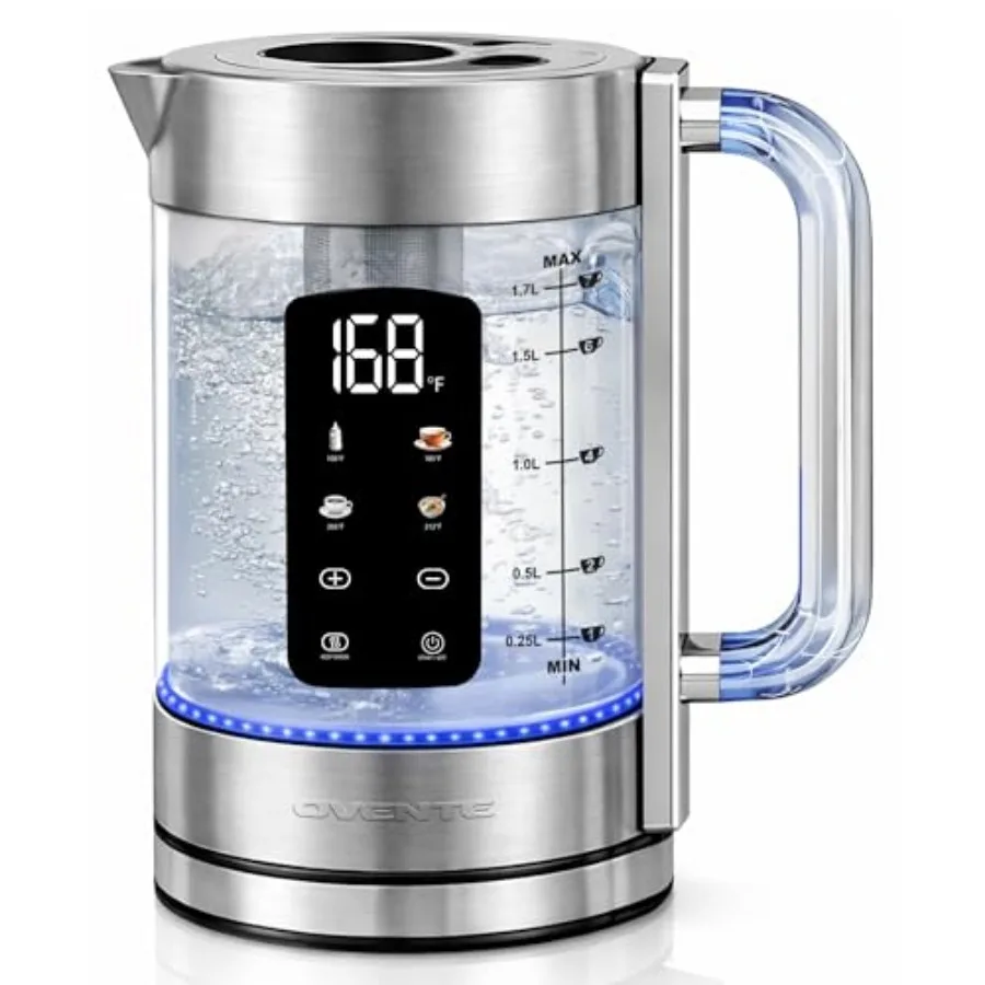 

Digital Glass Electric Tea Kettle 1.7L with Color-Changing LED Lights Temperature Control Double-Wall Cool Touch 4 Presets Keep