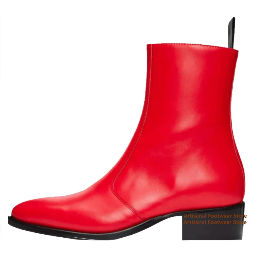 Red Cowhide Men Boots Fashion New Style Personalized Pointed Toe Side Zipper Men's Chelsea Boots Handmade Trend Botas Men Shoes