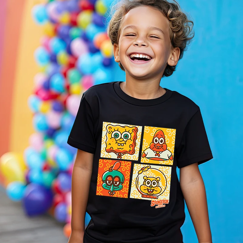 MINISO SpongeBob SquarePants kids T-shirt pure cotton short-sleeved black cartoon top for boys and girls