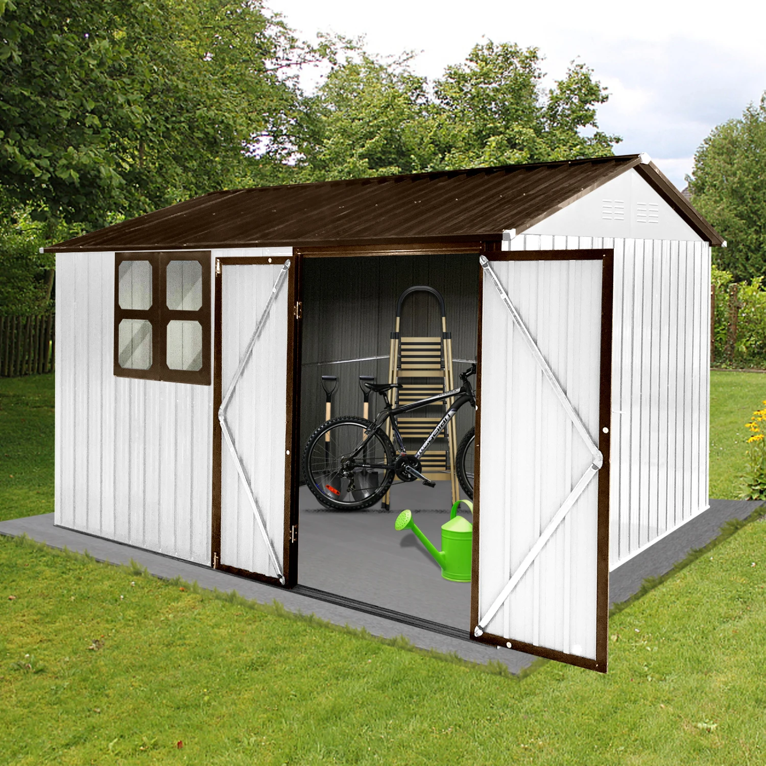 

Metal Garden Shed 10ftx8ft Outdoor Storage Shed White+Coffee with Window
