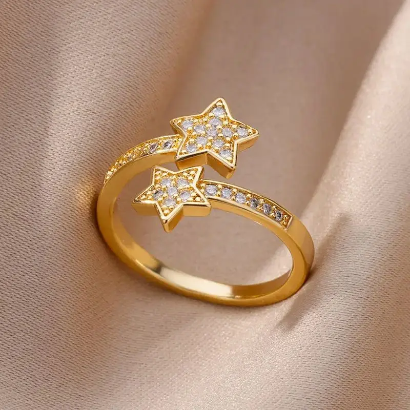 Zircon Double Star Rings For Women Girls Stainless Steel Gold Color y2k Ring 2024 New Trending Wedding Party Aesthetic Jewelry