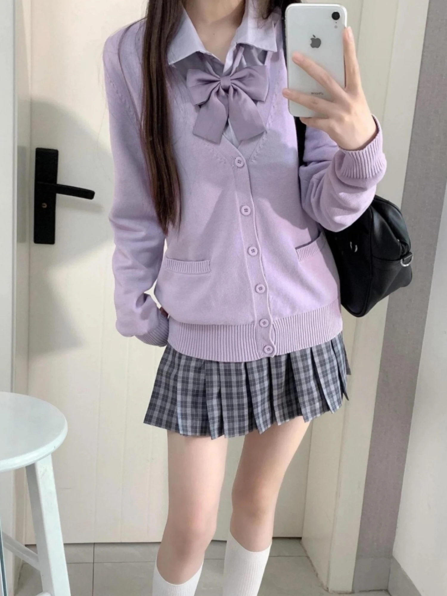 

Loose Knitted Purple Sweater Cardigan Women's Autumn Winter Long Sve Outerwear Jk orm Casual Sle V-Ne Single Button