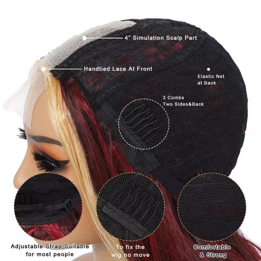 バーガンディ 613 ハイライト ウィッグ ブロンド 13x4 HD バーガンディ合成レース フロント ダークレッド ボディ ウェーブ