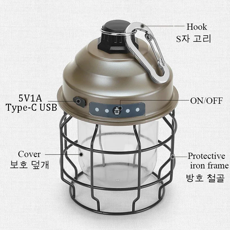 Retro Portable Camping Lantern Rechargeable Light Hanging Camp Lamp Outdoor Light Household 3 Modes Dimmable Flashlight with USB