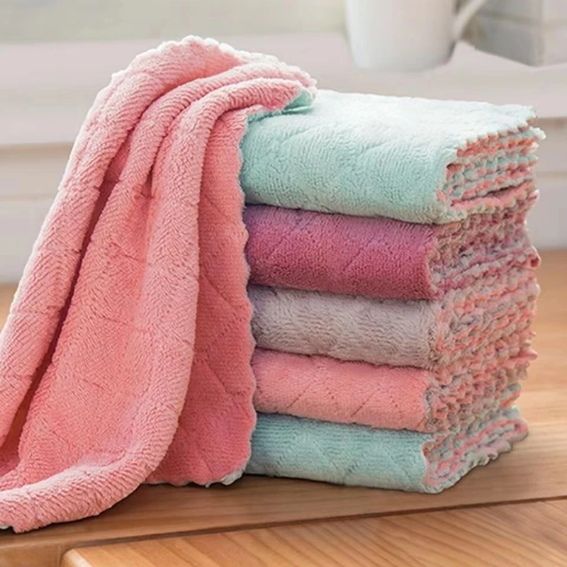 5 pieces of double-sided coral velvet dishcloth for household kitchen cleaning