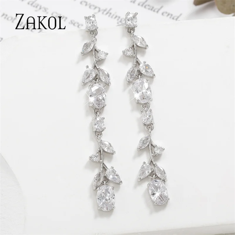 ZAKOL Luxury Leaf Shaped Zirconia Dangle Earrings for Women Shiny CZ Bridal Long Earring Wedding Engagement Jewelry