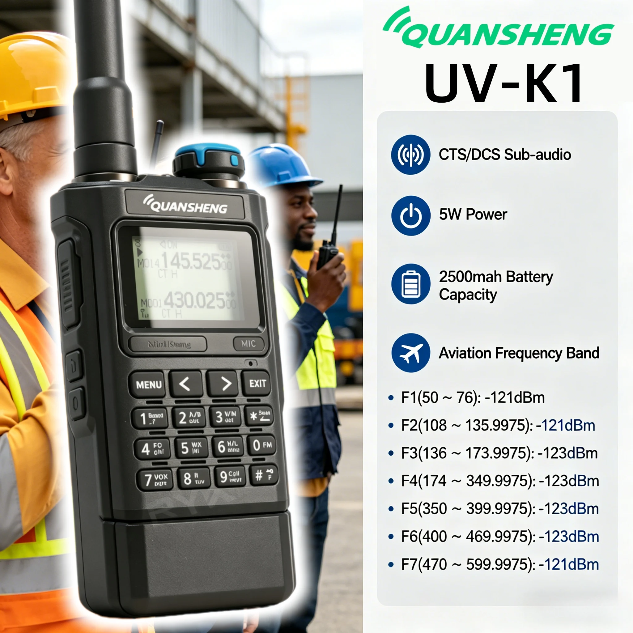Quansheng UV-K1 5W Vhf Uhf Two Way Radio，Noaa Weather，Am Fm Aviation Receive，200 Channels For Security Guard