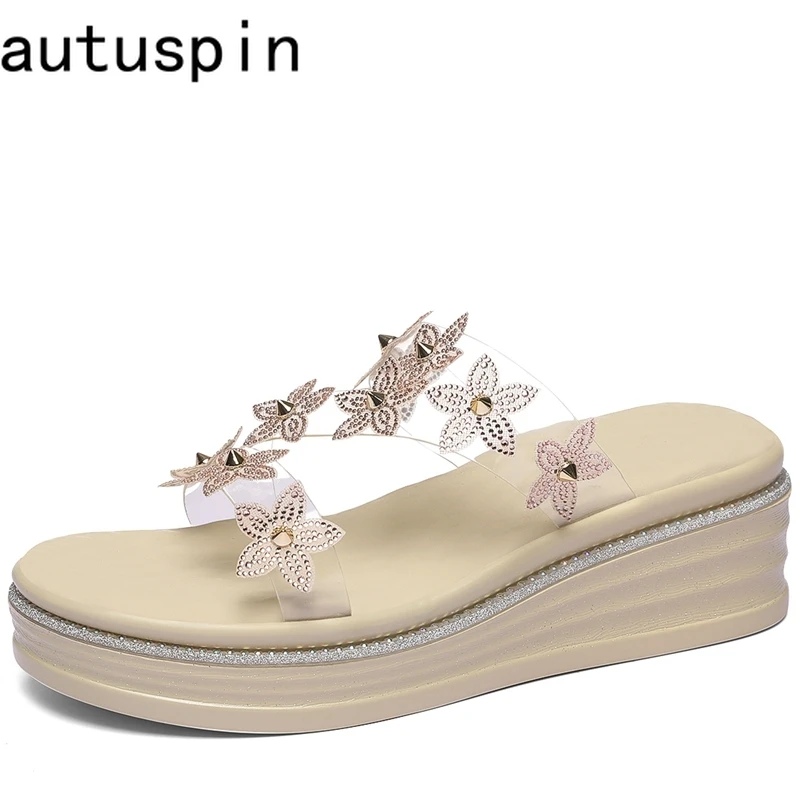 

AUTUSPIN 5.5cm Platform Wedges High Heels Women Slippers Summer Ladies Sweet Sexy PVC Crystal Flower Female Shoes Party Beach