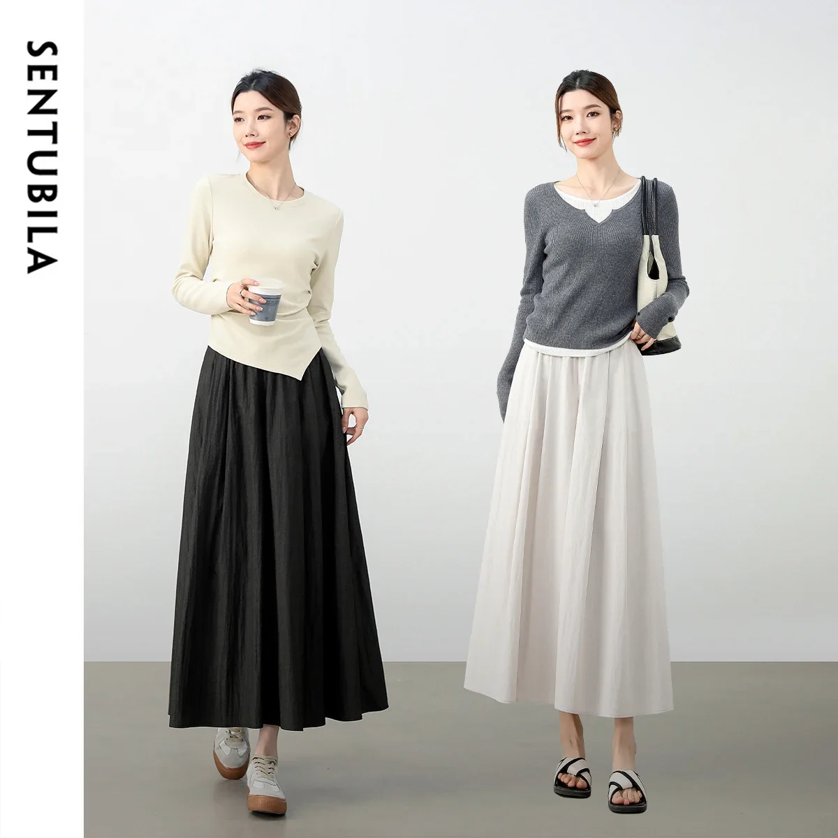 

SENTUBILA Womens Skirt Pants Autumn 2025 Solid Casual Commute Lightweight Elastic High-waist Wide Ankle-length Pant 151K58177