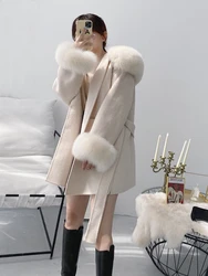2023 Real Fur Coat New Oversize Ladies Outerwear Winter Jacket Women Natural Fox Fur Collar Cuffs Hood Cashmere Wool Woolen