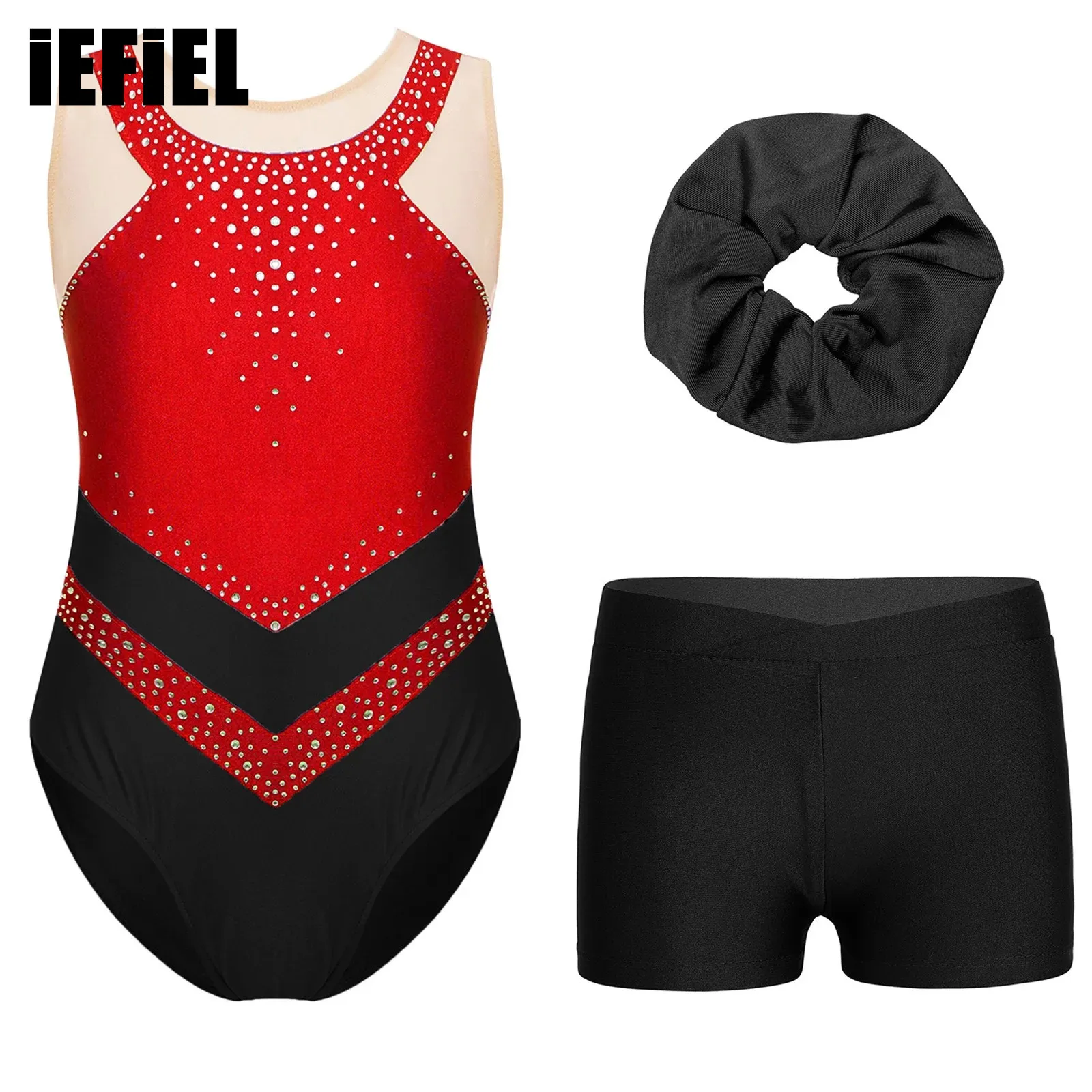 

Kids Girls Gymnastics Costume Sets Sparkling Rhinestones Color Block Leotard with V-front Waistband Shorts And Hair Band