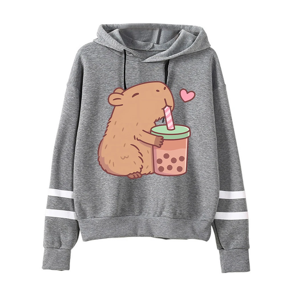Sudadera con capucha con estampado de Capybara Drinks Boba, sudaderas con capucha con gráficos de dibujos animados divertidos, moda japonesa, camisetas informales de manga larga con capucha para mujer, jerséis