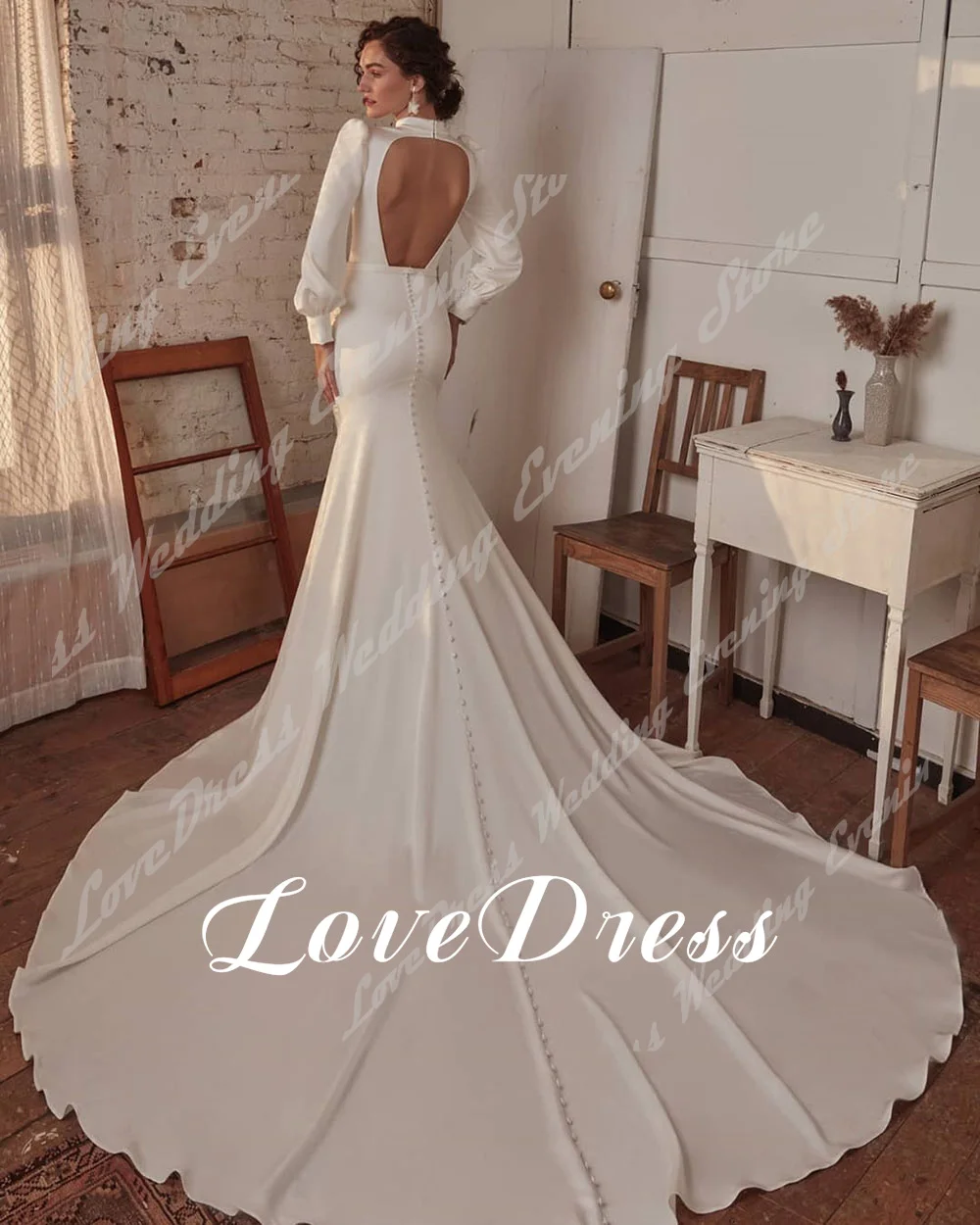 LoveDress-vestidos de novia elegantes de sirena con cuello redondo, mangas largas acampanadas, vestidos de novia sexis con espalda descubierta, bata de tren personalizada