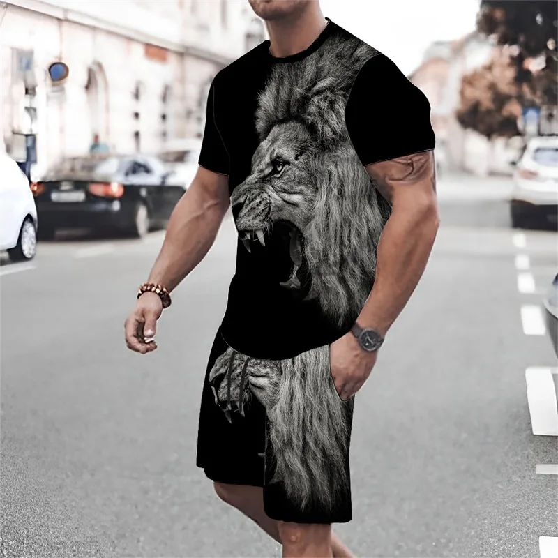 Men's Short Sleeve T-shirt Beast Animal Lion 3d Printed Sport Short Sleeve 2 Piece Set Harajuku Street Plus-size Men's Top Tees