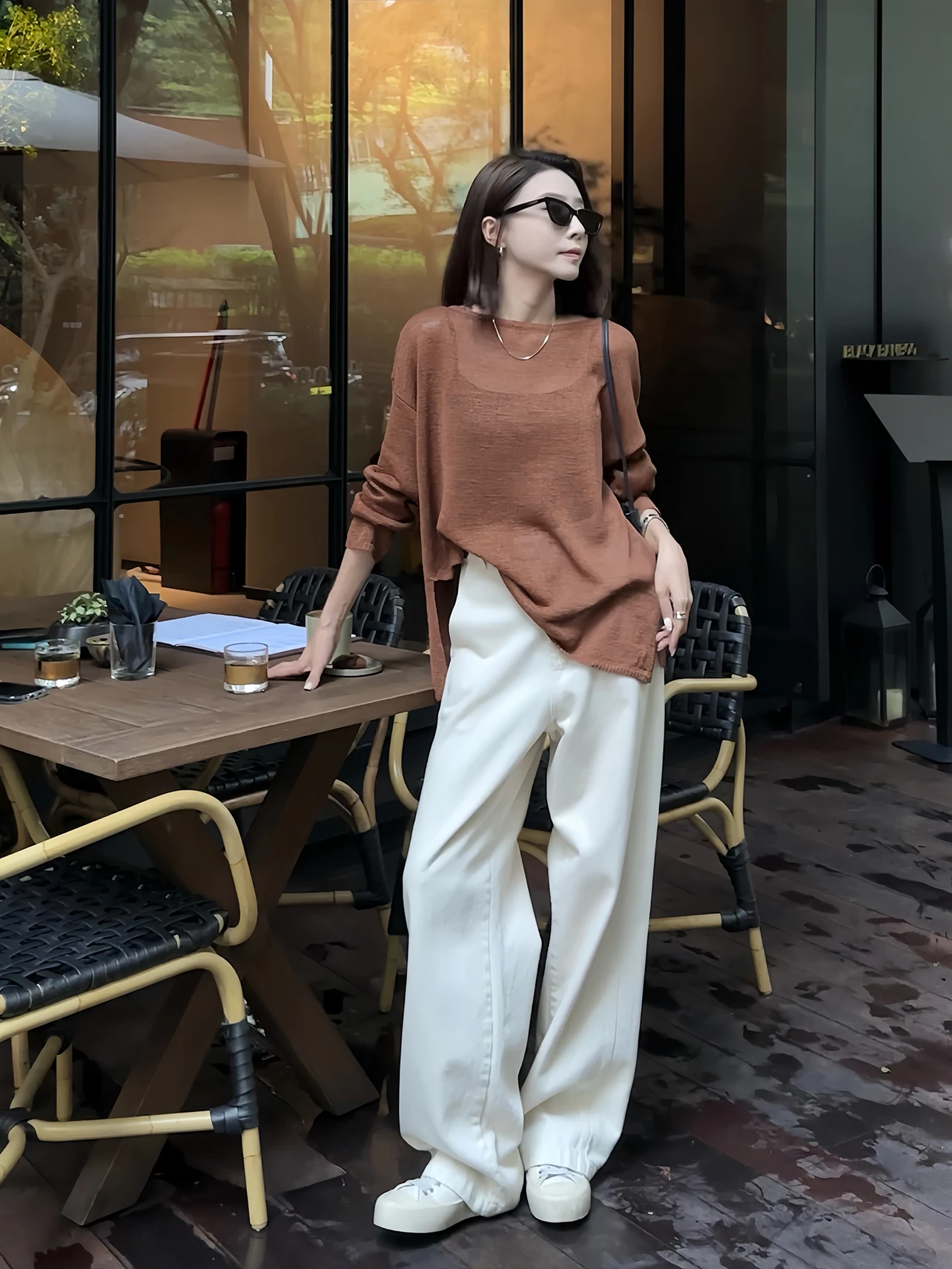 

Стильный винтажный вязаный топ Laid-ba из бумагоподобной ткани с вырезом-лодочкой, свободного кроя, с длинными рукавами, круглым вырезом, цветной