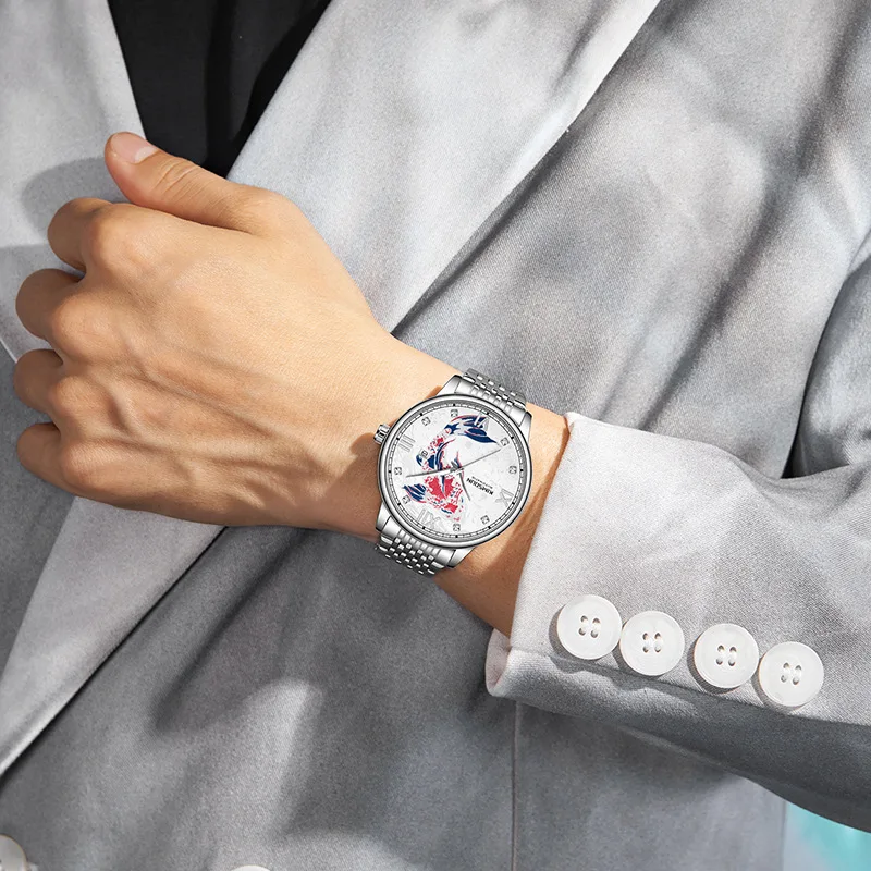 Men's silver dial lucky koi watch, night light waterproof, non mechanical quartz watch, waterproof