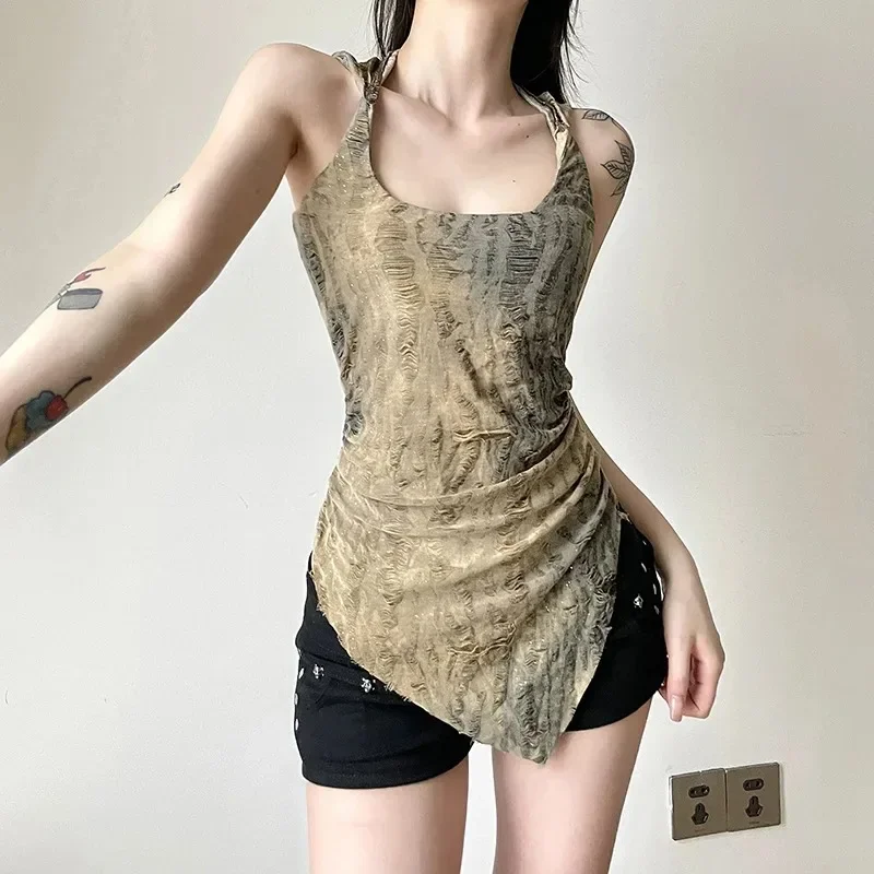 2024 neue dunkle Vintage Fee Grunge ärmellose Löcher Tank Top Sexy rückenfreie unregelmäßige Saum Hoodies Tops Cyber Y2K Streetwear Westen