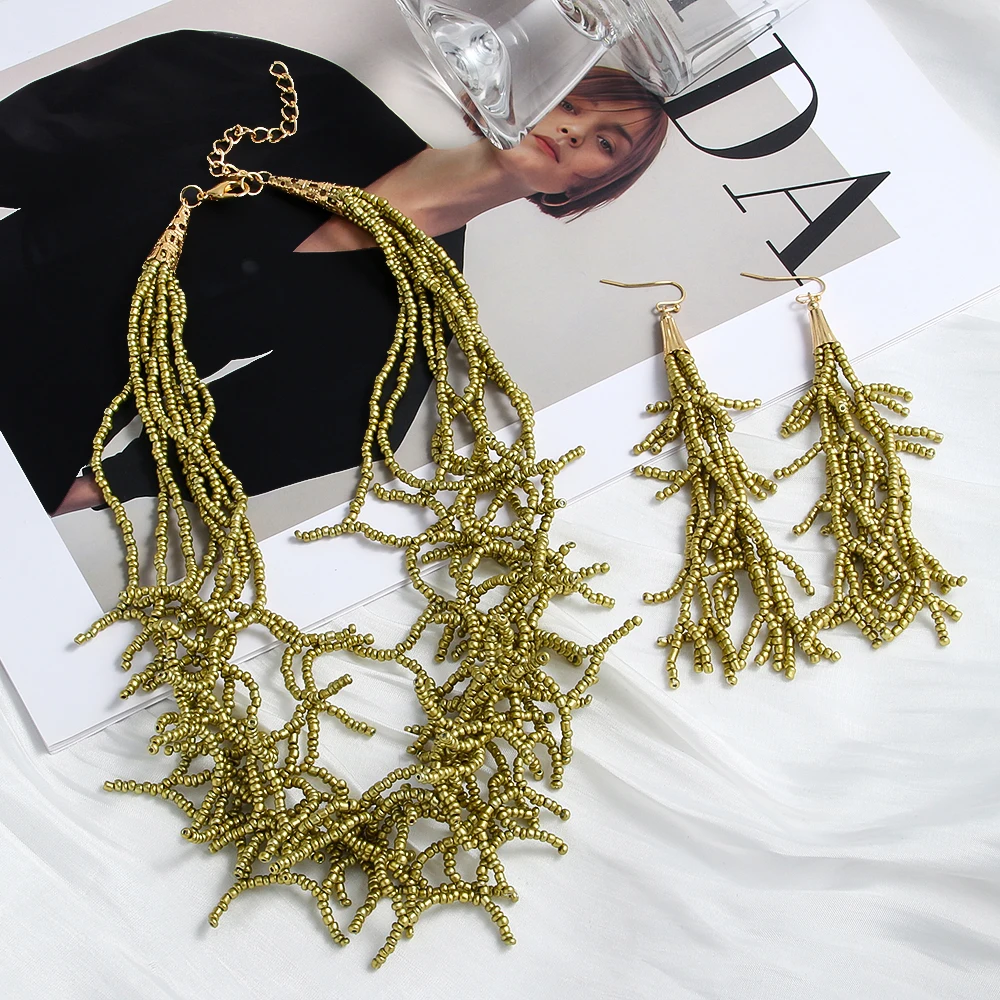 New Fashion Bohemian Style Women's Accessories, Multi-layer Seed Bead Handmade Tree Branch Tassel Necklace Earrings Creative Set