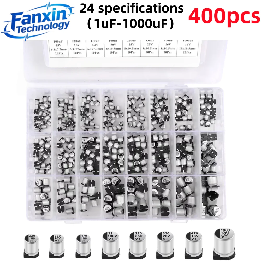 400PCS, 24 Value with Box Kit De Reparac, Capacitor Kit Aluminum Electrolytic SMD Condensadores Electrolíticos 1uF~1000uF 6.3V-5