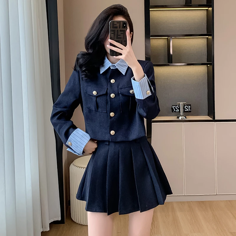 Small Fragrant Tweed Crop Top Two Piece Set Women Bowknot Short Jacket + High waist Mini Pleated Skirt Suits Streetwear Suits