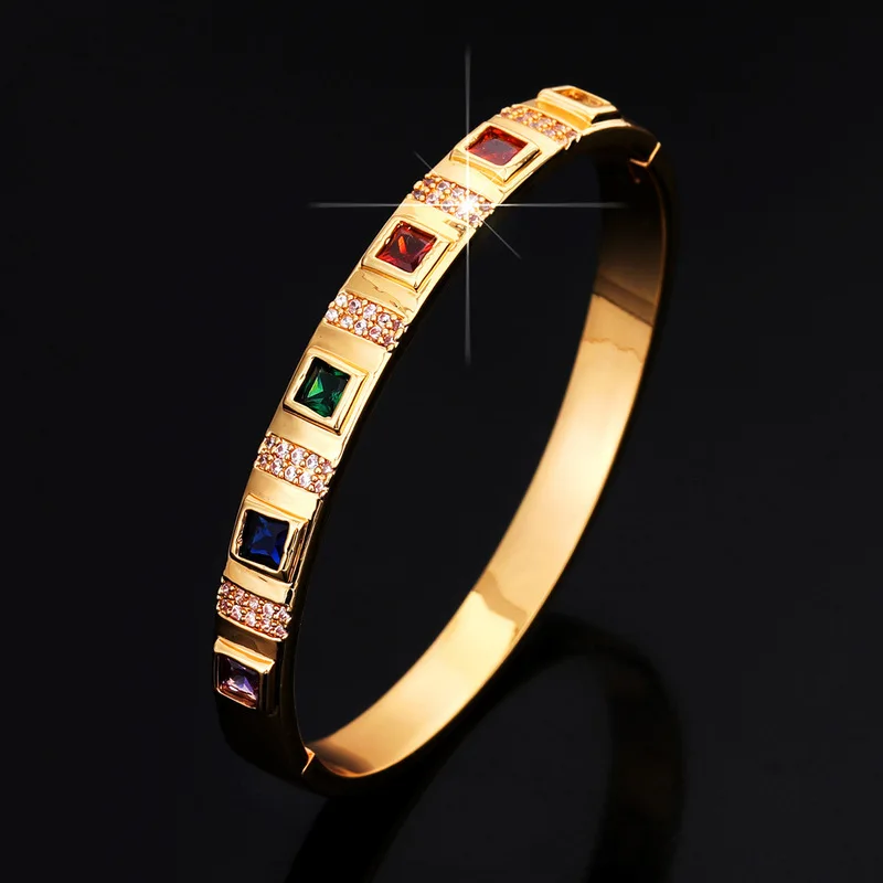 Brazalete B&C para Hombre, Chapado en Oro, con Piedras Preciosas Cuadradas Multicolores, Brazalete de Lujo