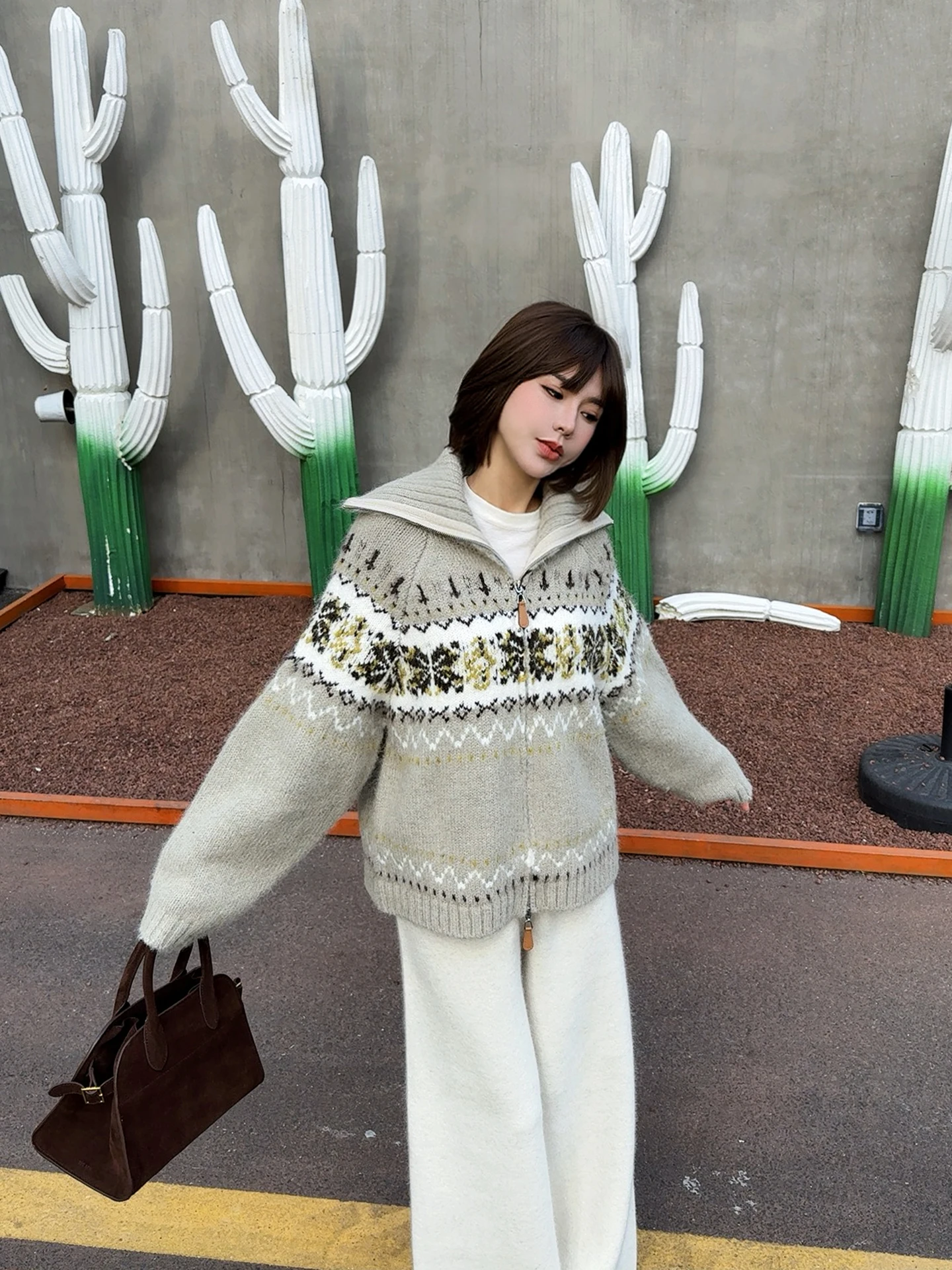 

ASBR Original C-Spun Wool Blend Knitted Cardigan Women's Winter New Flap Collar Sweater Casual Loose Fit Soft Polyester Nylon