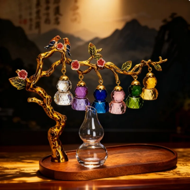 Chinese Style Gourd Decanter Crystal Glass Wine Decanter Set Hand Blown Gourd Shape Liquor Container Gift Box