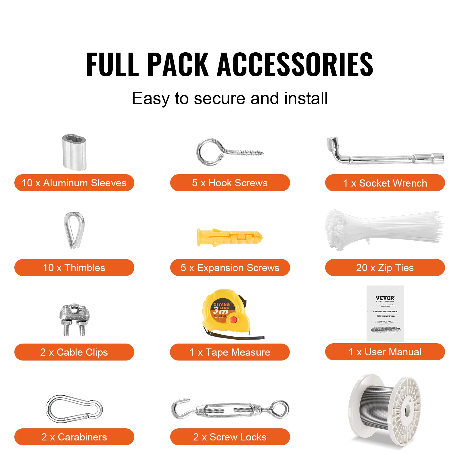 VEVOR Kit de Cables de 3,18 mm Cable de Acero Inoxidable 304 de 30,5 m con 59 Accesorios, Resistencia a la Rotura de 2,9 KN, 7 x 7 Hebras, Cable de Grado de Construcción para Aeronaves para Pasamanos