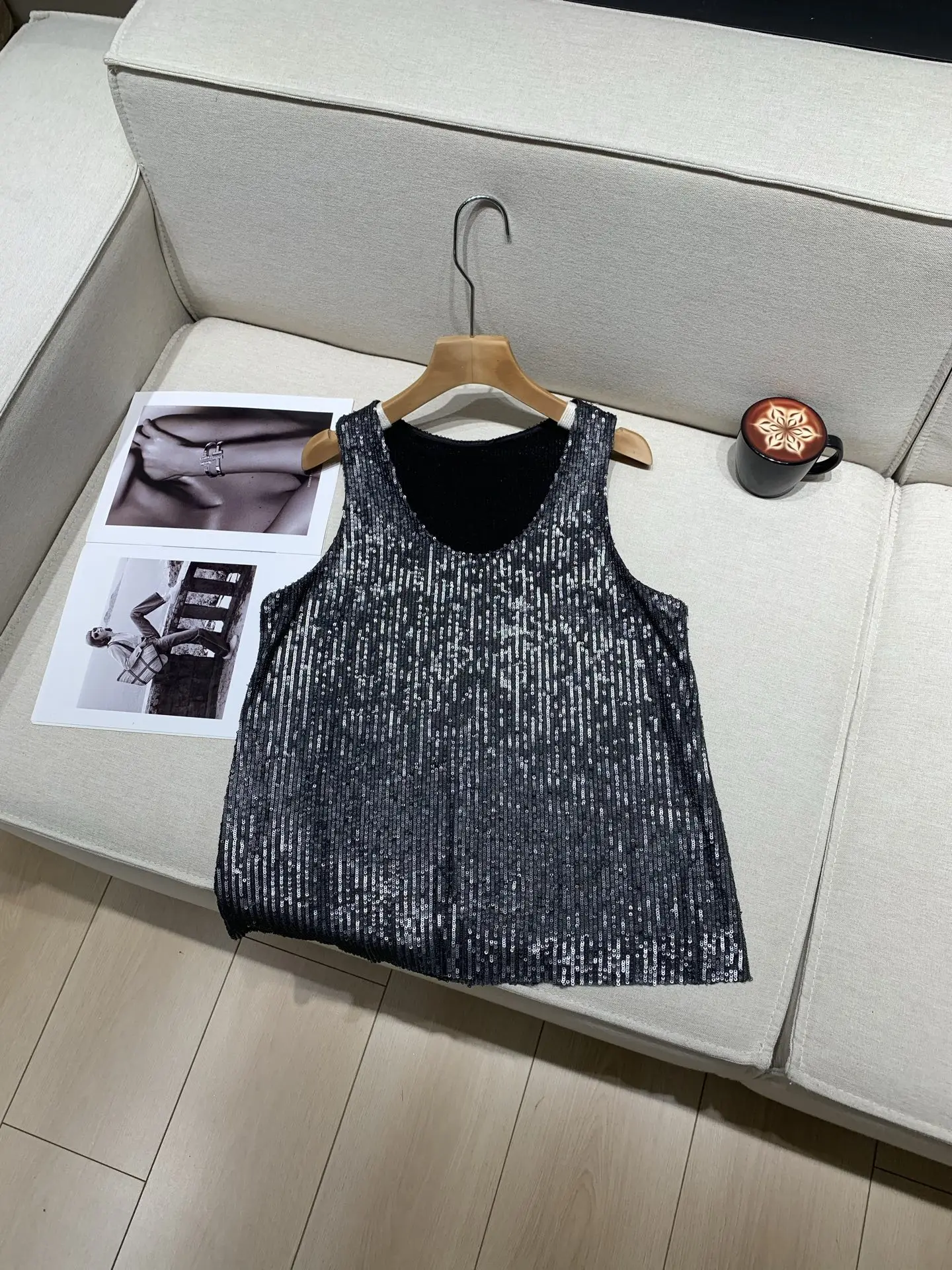 

Sequined Embroidery Women Black Vest Summer 2026 Round Neck Sleeveless Fashion Ladies Tank Tops