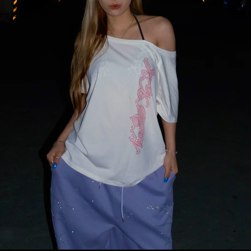 American Style Spicy Short Sleeve T-Shirt Women's Loose Shoulder Dancing Neon Fading Glowing Cotton Top Hip Hop Jazz