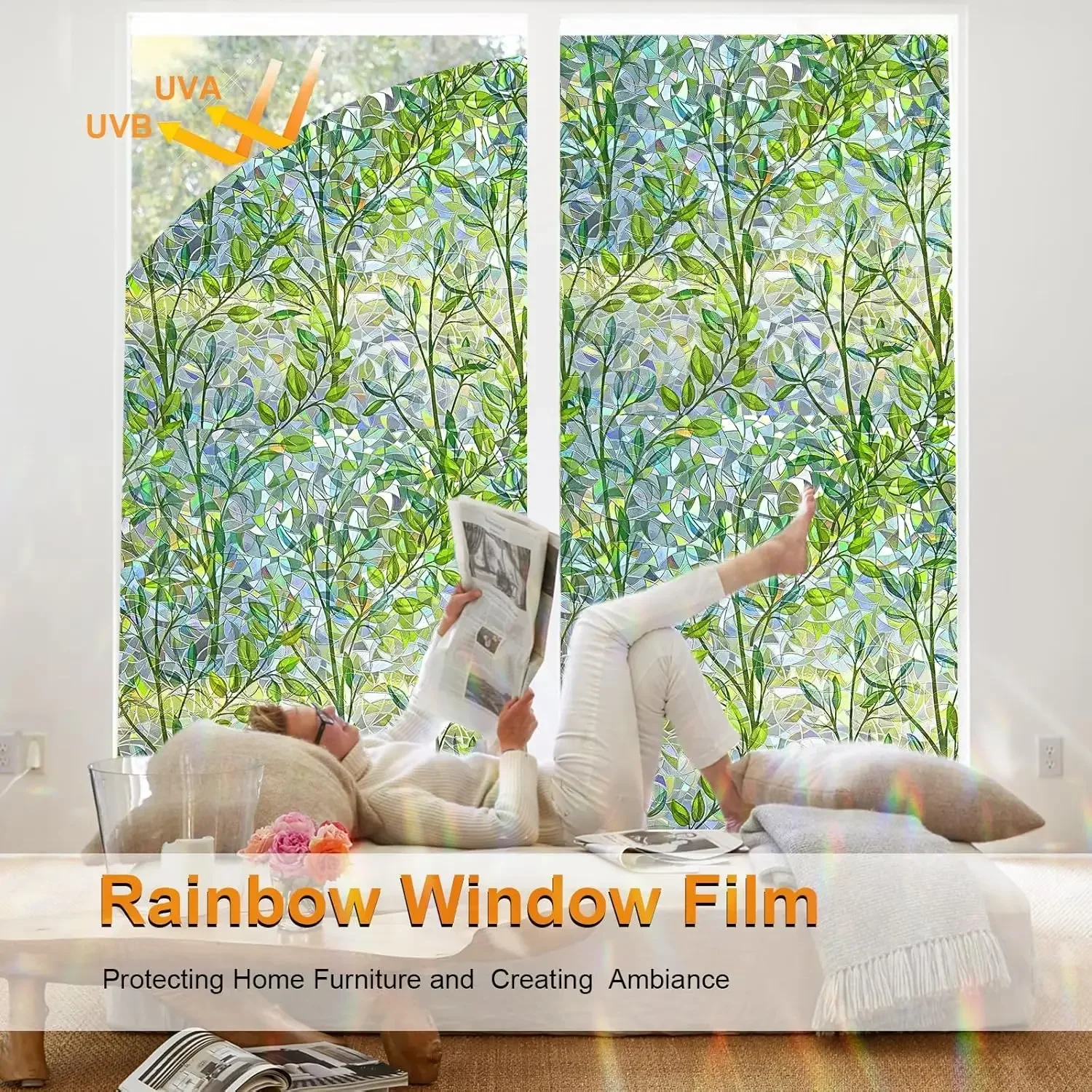Static Cling Window Privacy Film with Anti-UV and Decorative Stained Glass Pattern DIY No-glue Glass Sticker for Home and Office