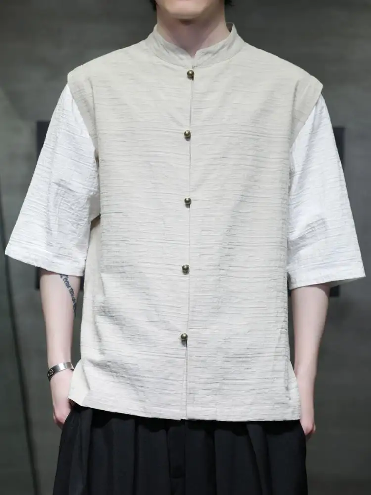 

Мужская летняя рубашка с коротким рукавом из хлопка и льна, тонкая, в новом китайском стиле, с медными пуговицами, в стиле танского костюма, ханьфу