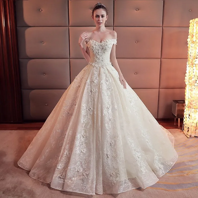 Sweet Flower Wedding Dresses 2025 New Elegant Boat Neck Wedding Party Dress With Brush Train High-end Formal Dress Customized