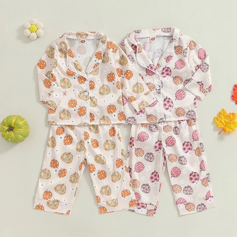 2024-05-24 Lioraitiin Kids Girls Halloween Pajamas Set, Pumpkin Print Long Sleeve Tops with Elastic Waist Pants Sleepwear