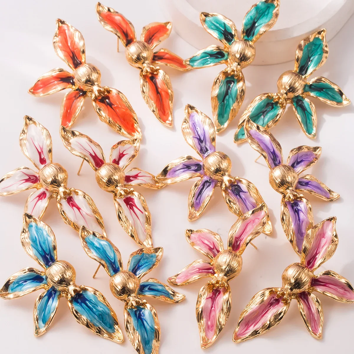 Artistic Flowing Enamel Flower Statement Earrings Bold Sprawling Metallic Floral Drop Studs Trendy Summer Runway Jewelry Accents