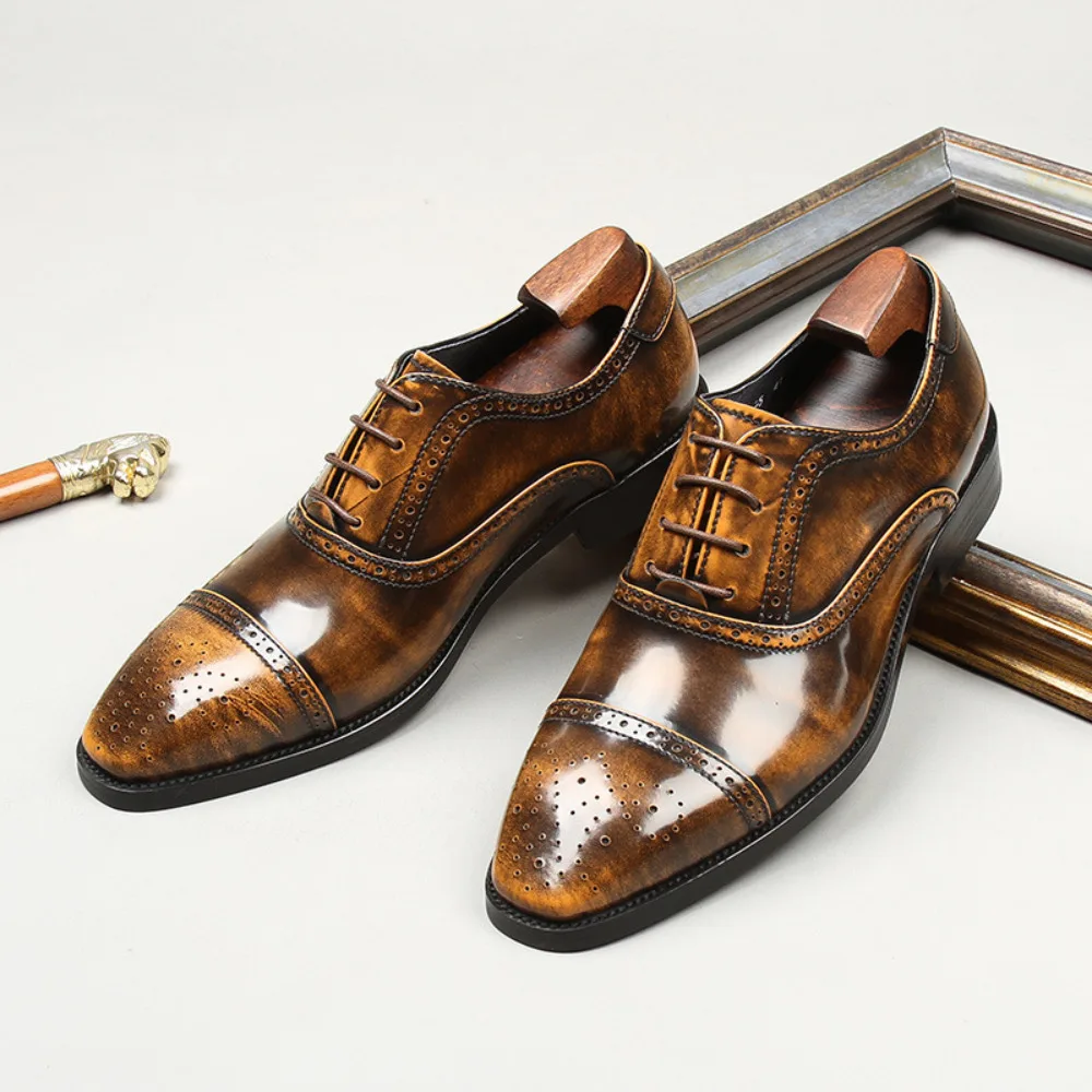 Men's Three Cap Brogue Carved Wingtip Bright Leather Business Formal Dress Shoes Groom Wedding Shoes for Men
