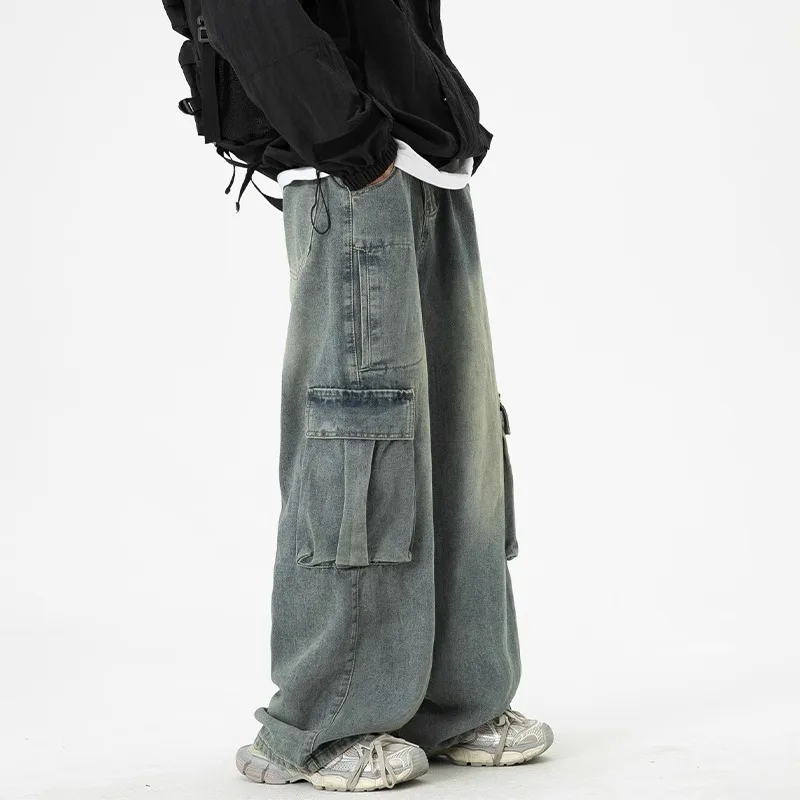 Men's American Style Workwear Baggy Jeans Washed Vintage Loose Straight Multi Pocket Denim Pants Casual Hip Hop Trousers