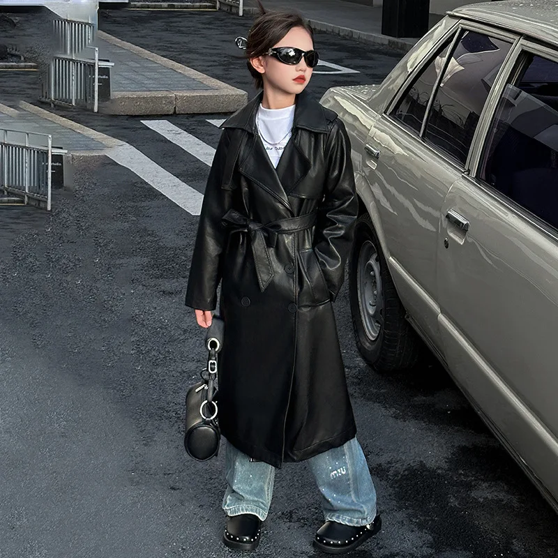

Girls Spring and Autumn Leather Jacket 2025 New Korean Children Fashionable Knee Over Long Waist Windbreaker Coat
