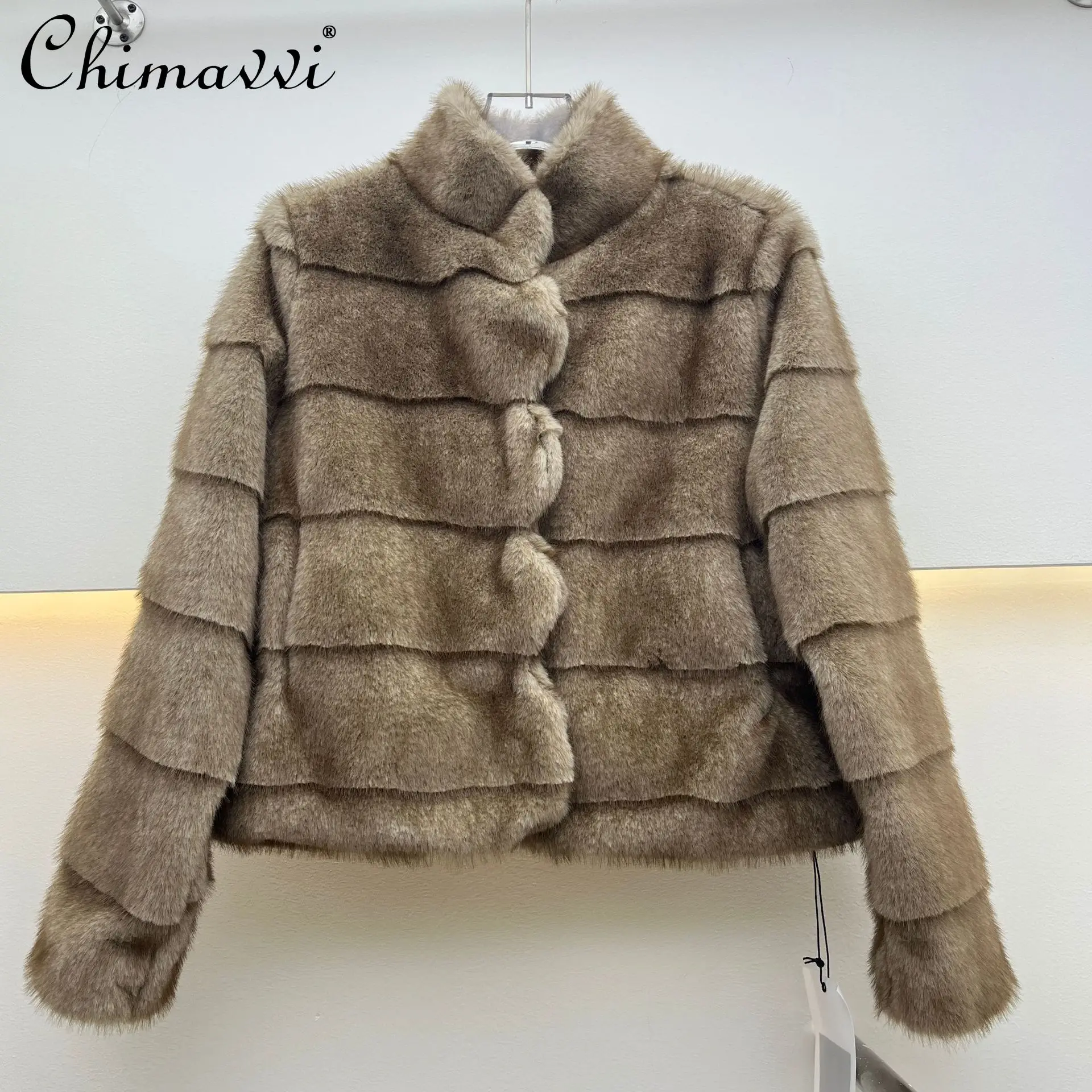 Korean Style Elegant Fashion Retro Stand Collar Long Sleeve Loose Versatile Casual Faux Fur Coats Women's Plush Short Jackets