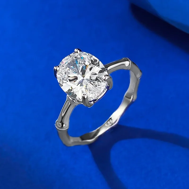 New S925 Pure Silver 8 * 10mm Oval White Diamond Bamboo Knot Ring European and American Style Simple Ring Ring Wedding Jewelry