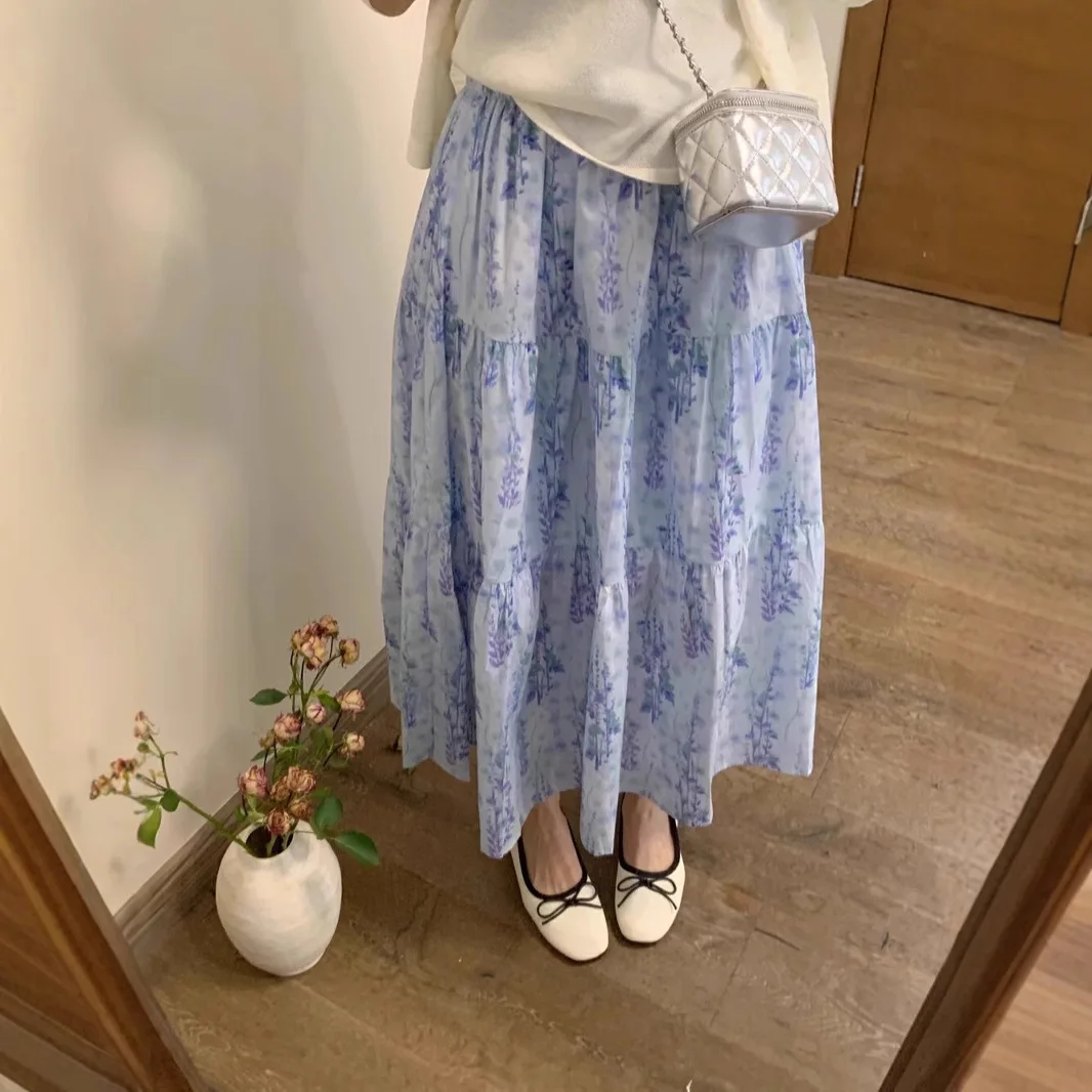 Floral Pleated Skirt Women's Elastic High-waisted Thin A-shaped Skirt Medium and Long Versatile Drape Umbrella Skirt
