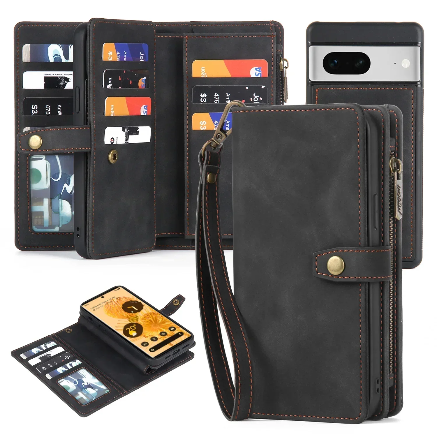 

MEGSHI Luxury 2 in 1 Detachable Wallet Case for Google Pixel 6 6A 7 7 Pro 8 8 Pro Magnetic Clasp Flip Leather Phone Cover