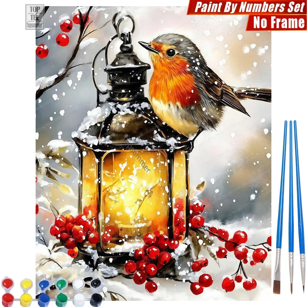 

Winter robin lantern Painting By Number Set - Cozy berries snow Wall Art Decor Halloween Gift For Teacher