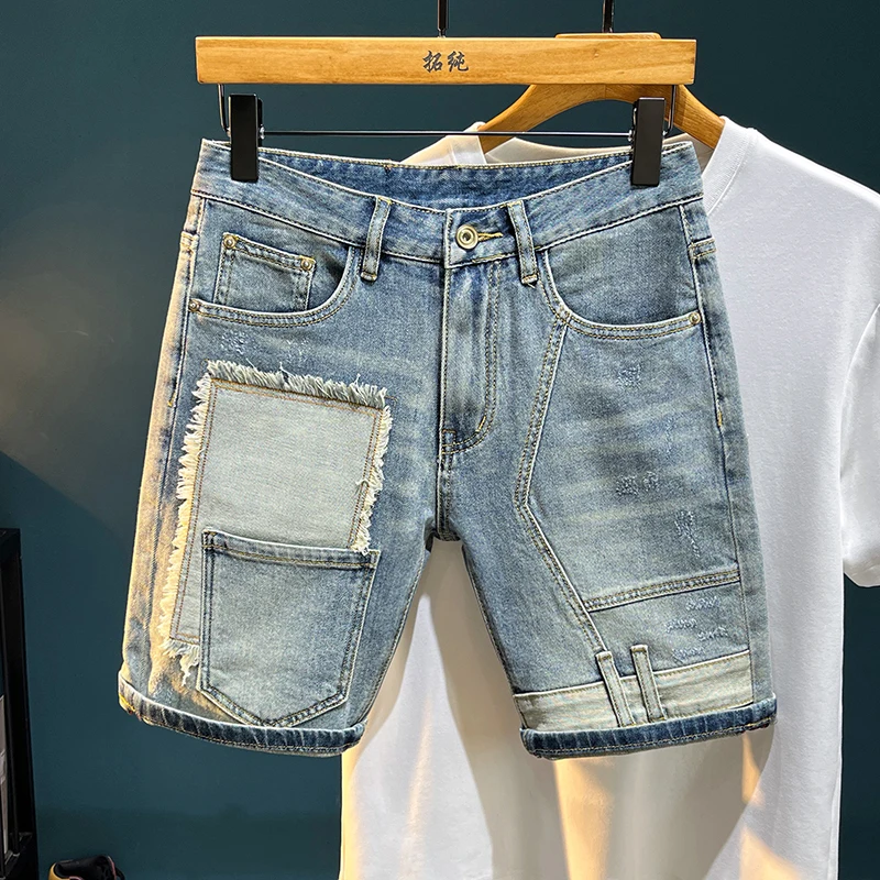 

TC2931 Джинсовые шорты High Street с рваными дырками, мужские эластичные тонкие брюки с вышивкой, пятиминутные брюки