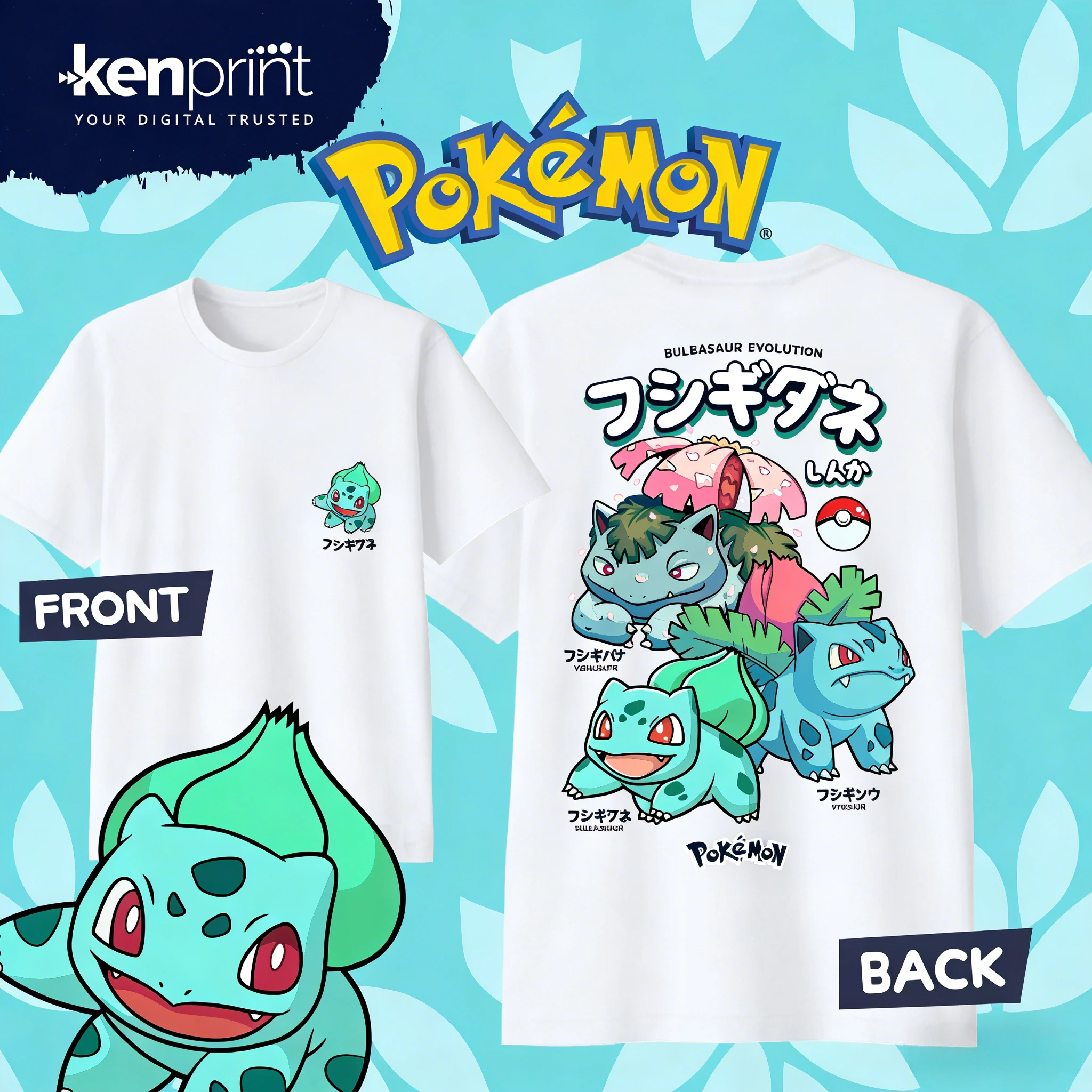 

2026 Summer Pokémon Anime Bulbasaur 100% Pure Cotton Printed T-shirt Kids/Men Harajuku Loose Casual Versatile Short-sleeved Y2k