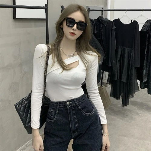 Sexy Y2K T-shirt Woman Auutmn V-neck Long Sleeve Tee Shirt Femme Hollow Out Skinny Basic Clothes Women Tops